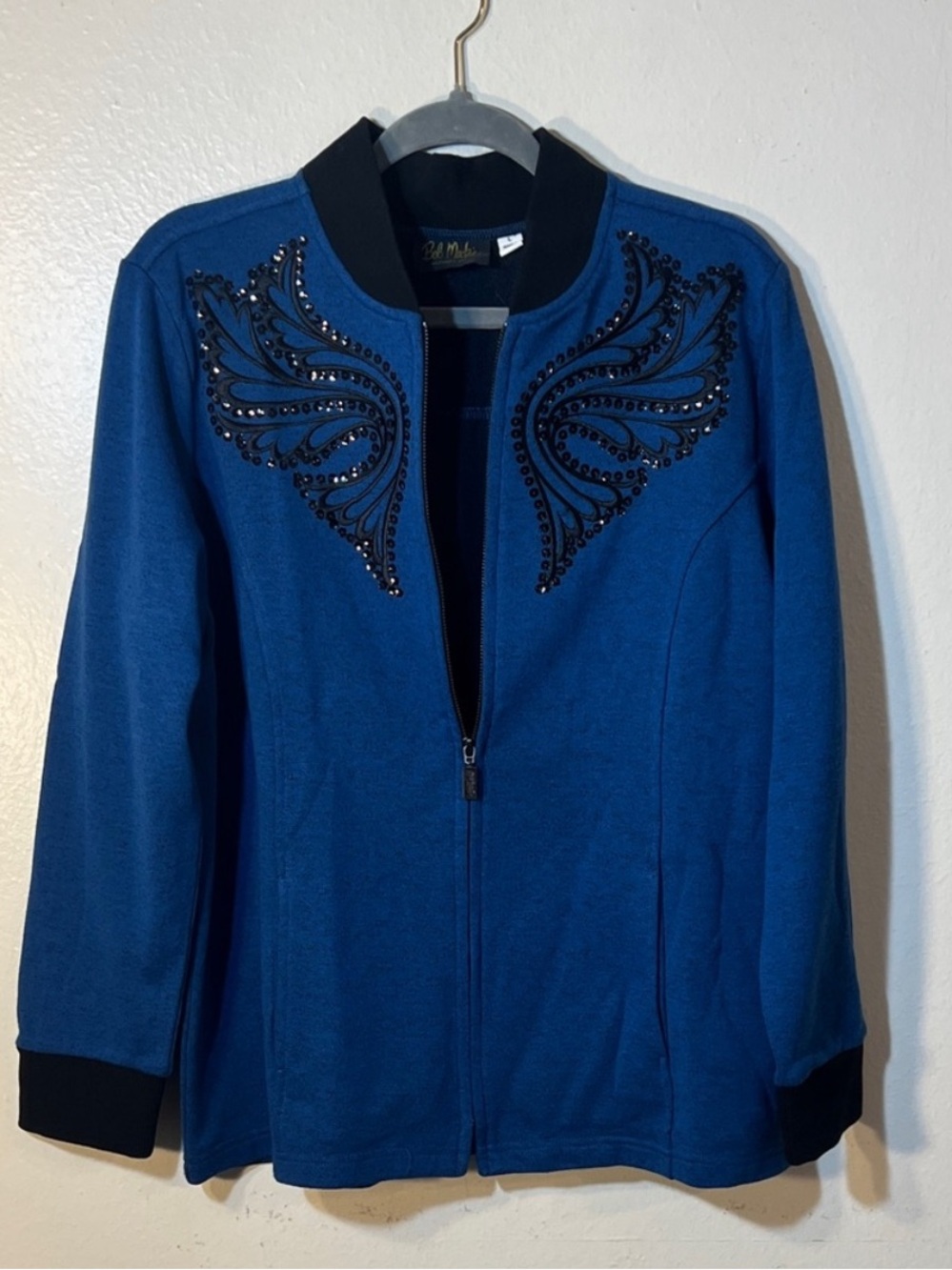 Bob Mackie Vintage Blue Bomber Jacket with Black Embellishments Large XL